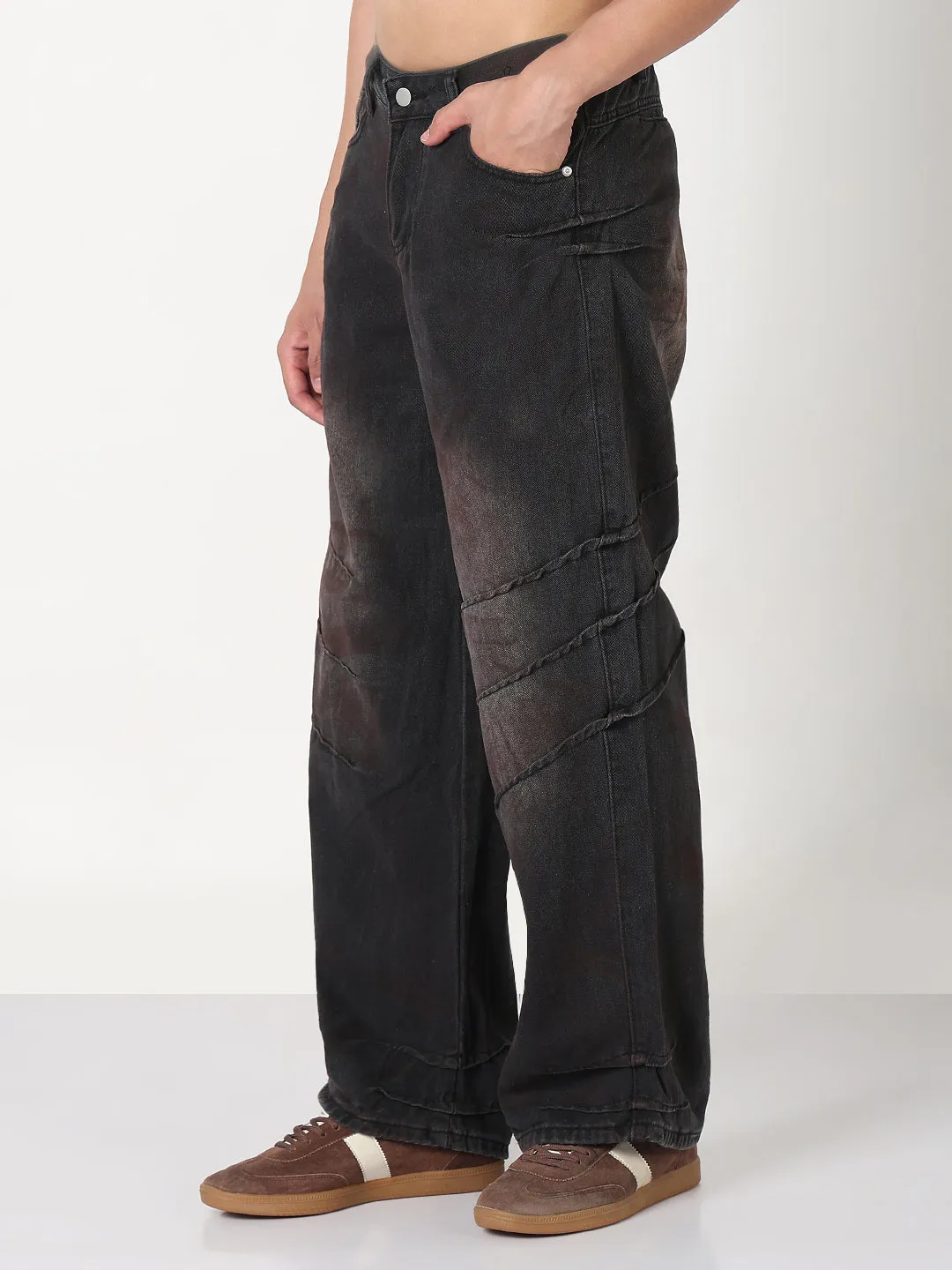 Men's Black Baggy Fit Clean Look Jeans Minimal Shrinkage Fabric