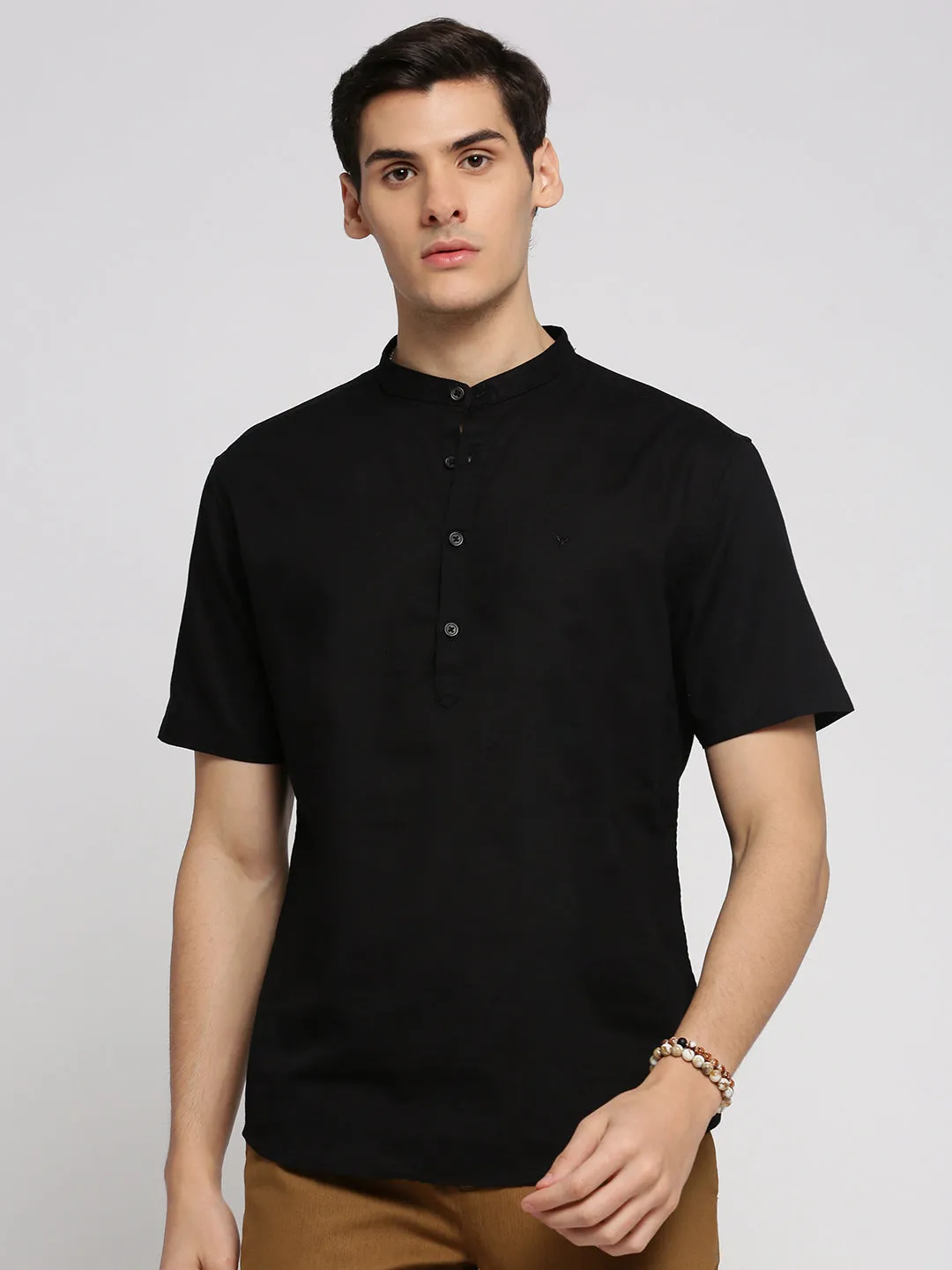 Men's Black Band Collar Short Sleeves Shirt Design Soul