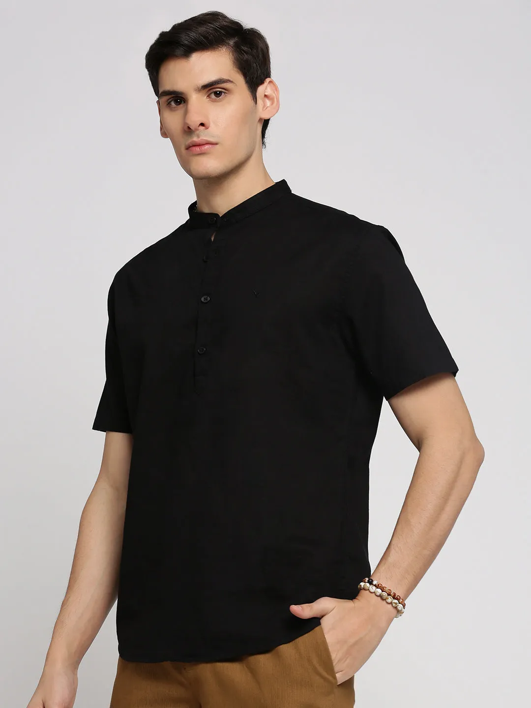 Smart Fit UVProtection Men's Black Band Collar Short Sleeves Shirt