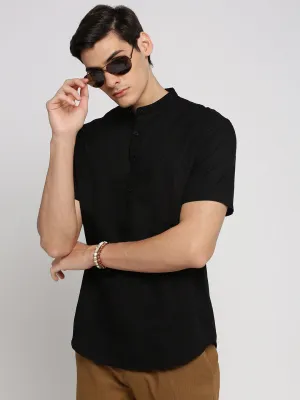 Men's Black Band Collar Short Sleeves Shirt MatteFinishTexture Forest Air