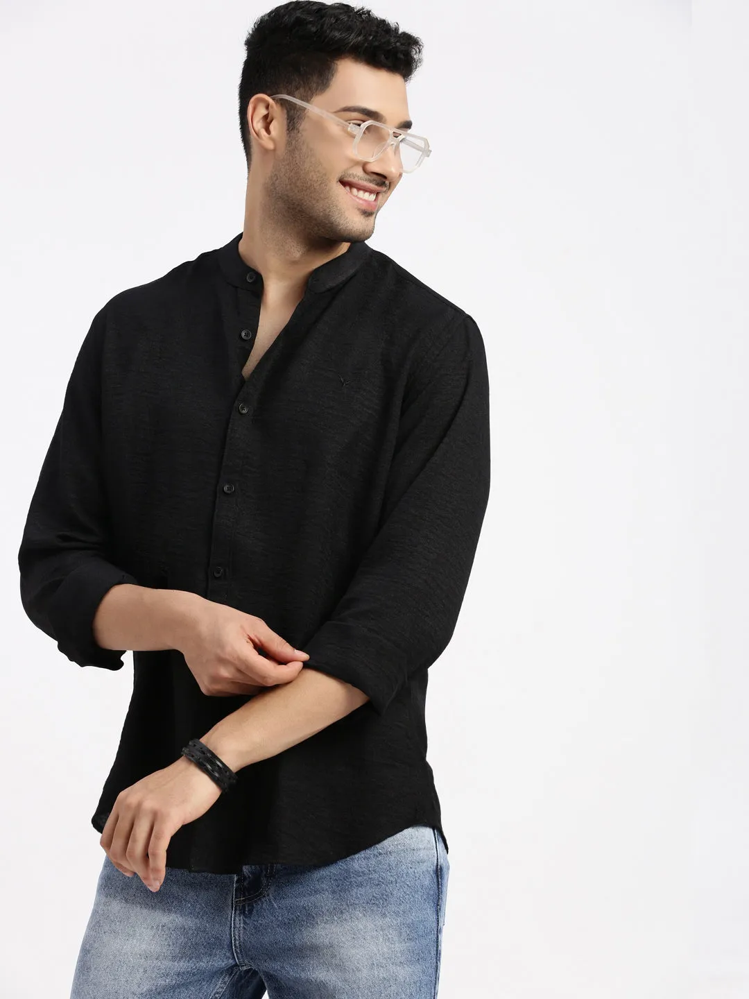 Men's Black Band Collar Solid Cotton Slim Fit Shirt StretchFit