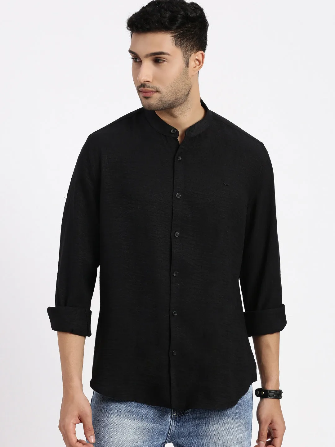 Relaxed Blouse Garden Ease Men's Black Band Collar Solid Cotton Slim Fit Shirt