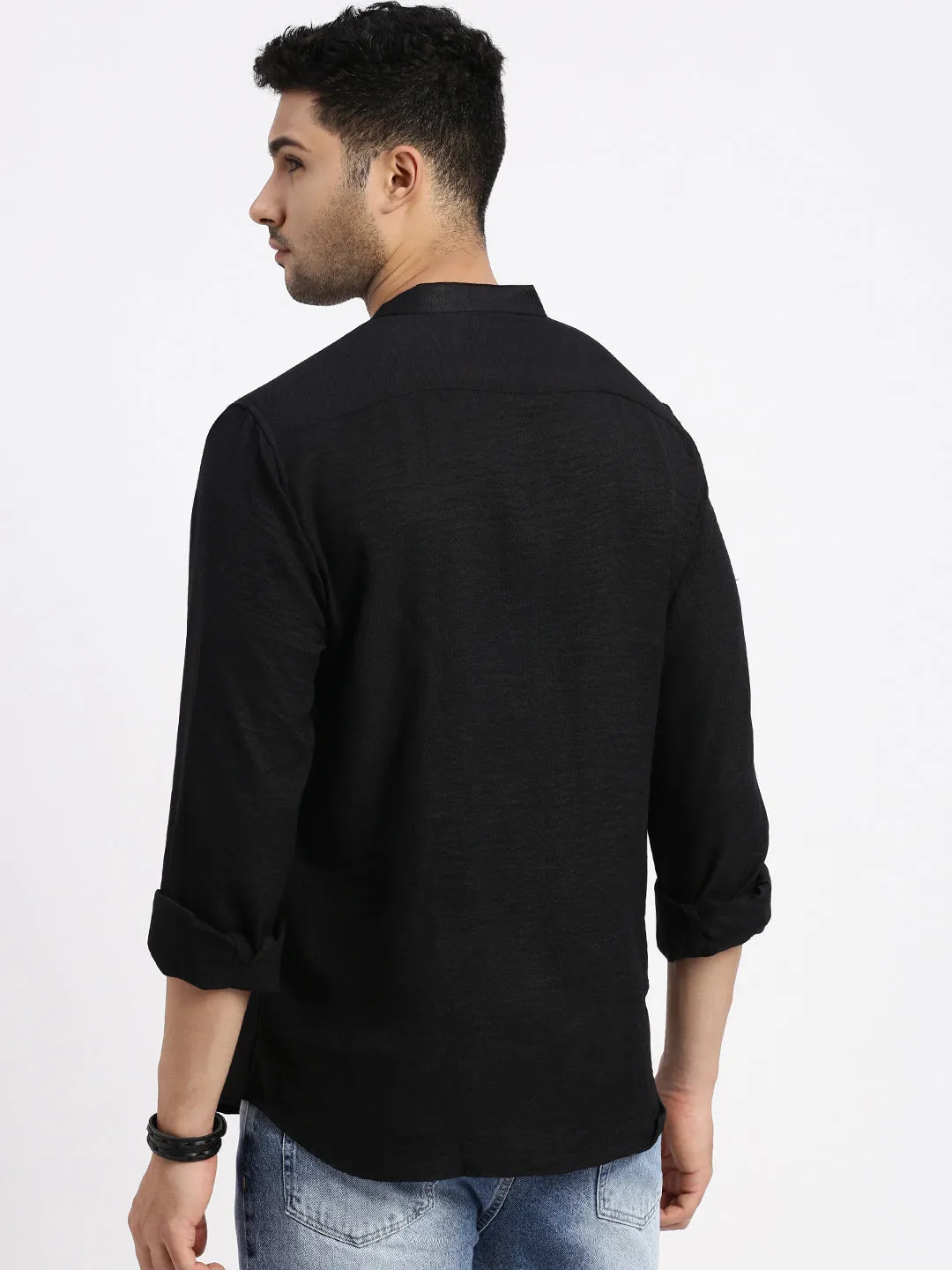 Gentle Glow Men's Black Band Collar Solid Cotton Slim Fit Shirt