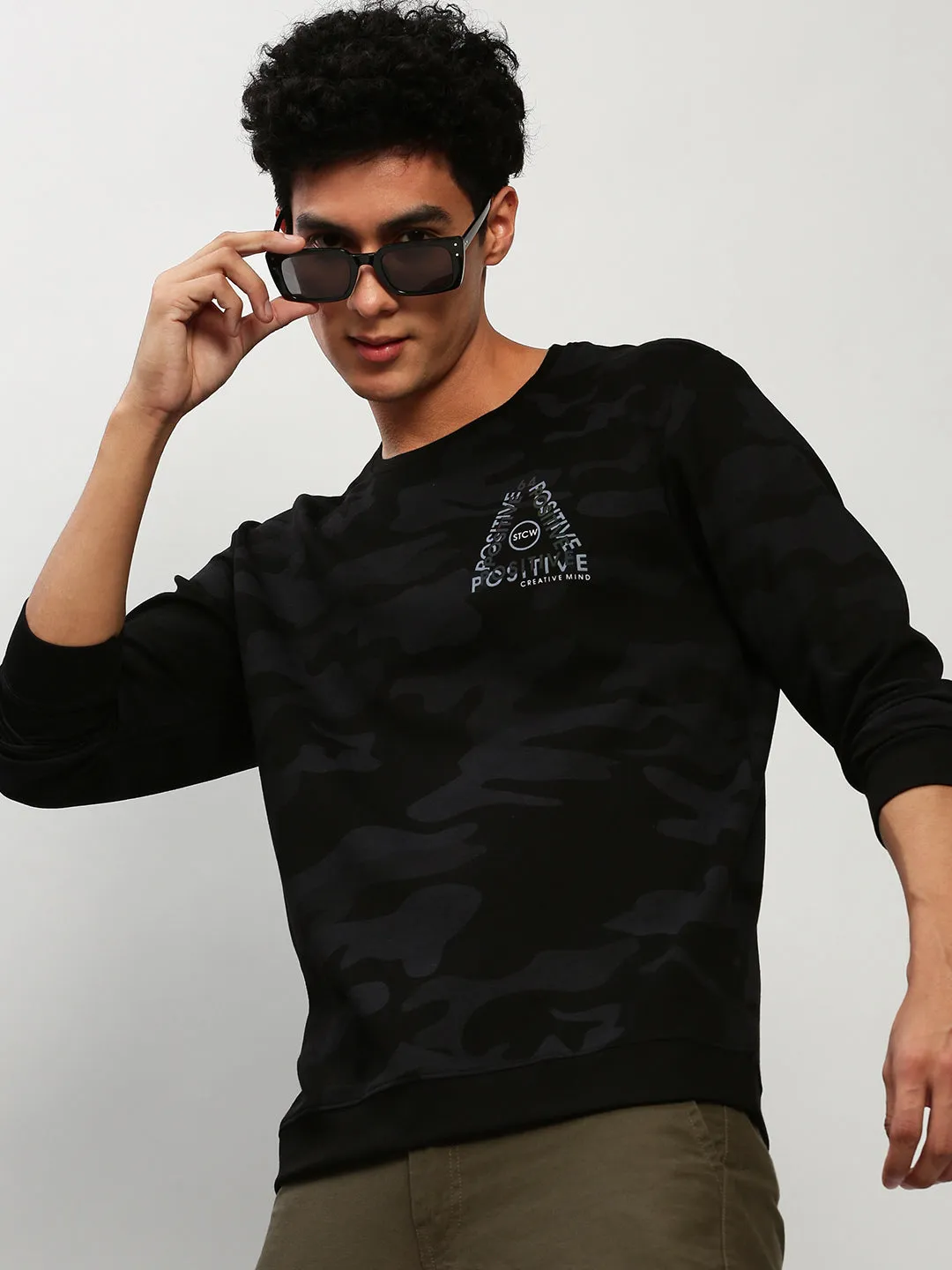 Men's Black Camouflage Printed Cotton Sweatshirt Cozy Style product abstract mystery