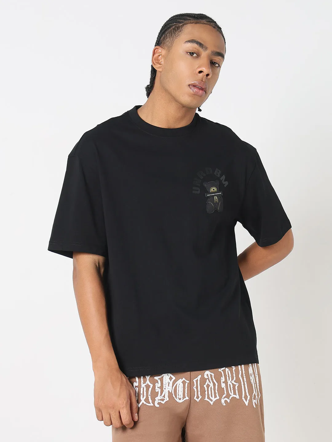 Men's Black Casual Bear Graphic Printed T-Shirt ShrinkageFree Fabric