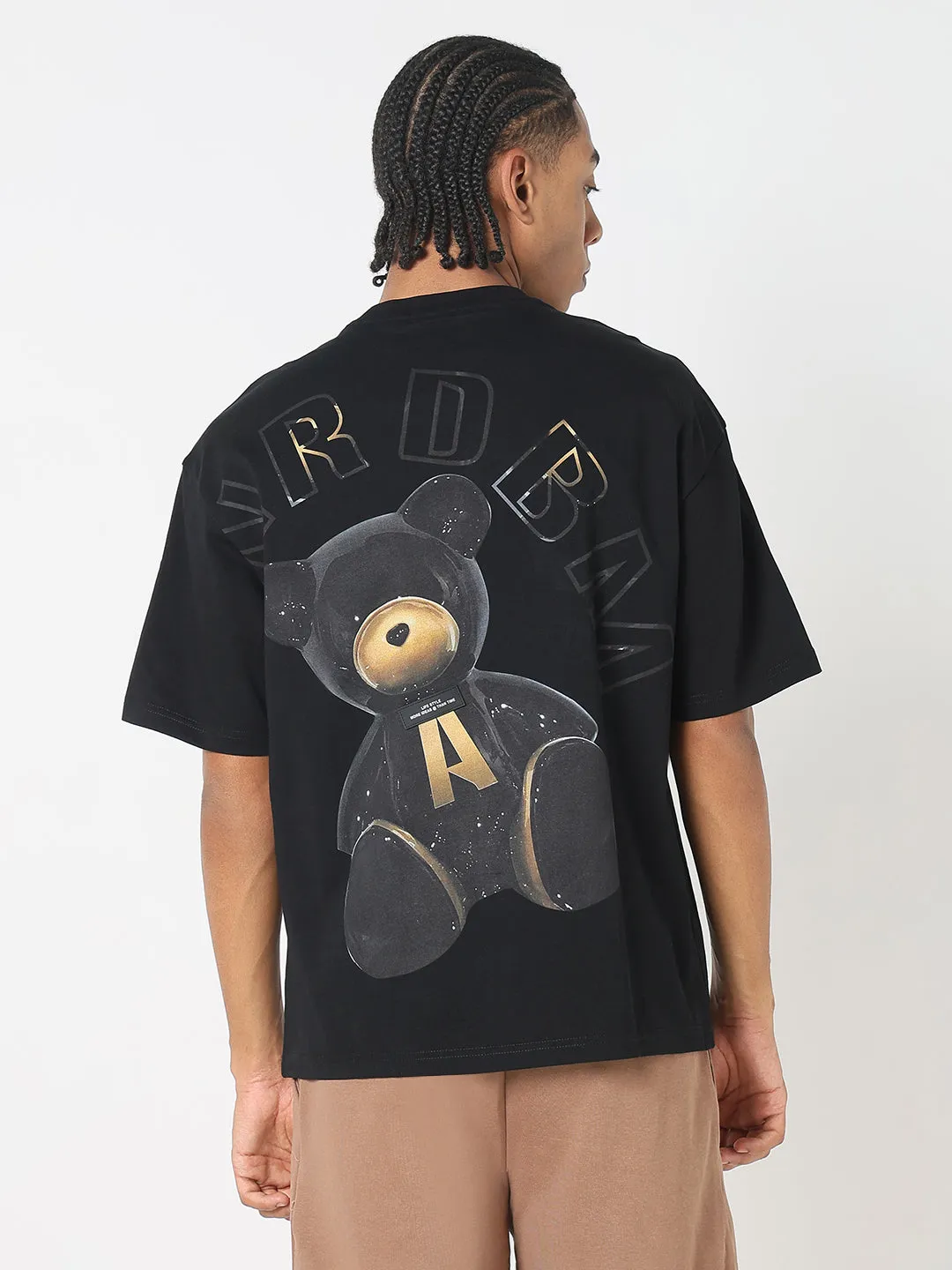 Body Free Men's Black Casual Bear Graphic Printed T-Shirt