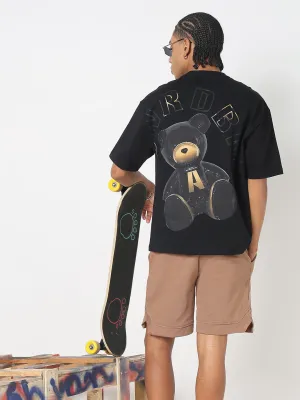 Men's Black Casual Bear Graphic Printed T-Shirt Saga Fit FadeResistantColors