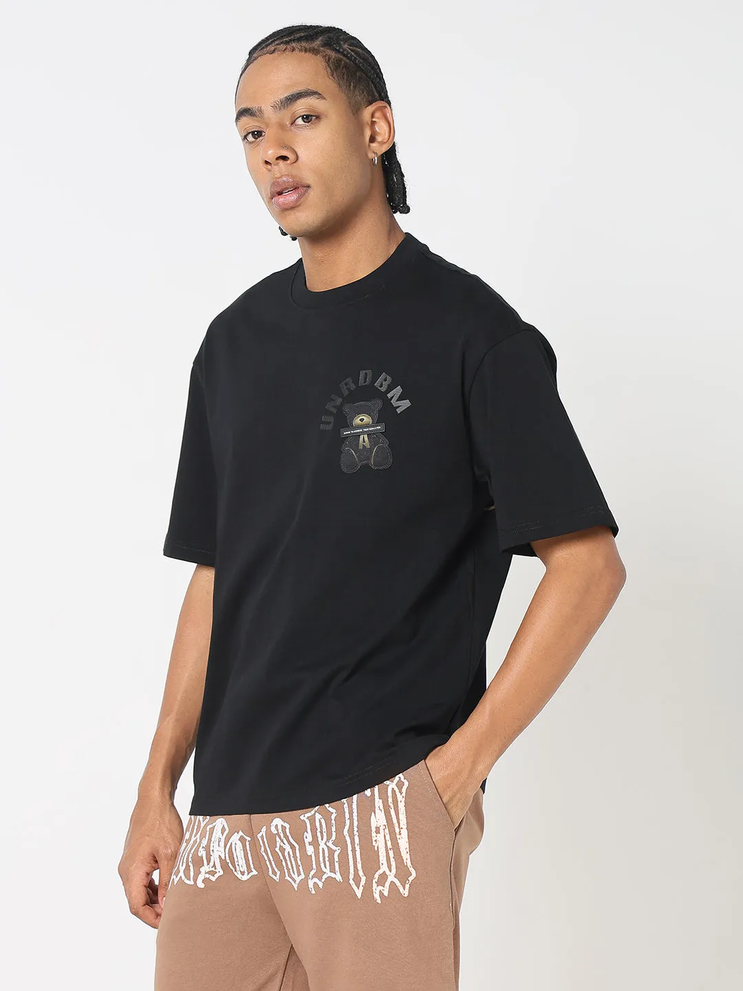 Senior Ease Men's Black Casual Bear Graphic Printed T-Shirt