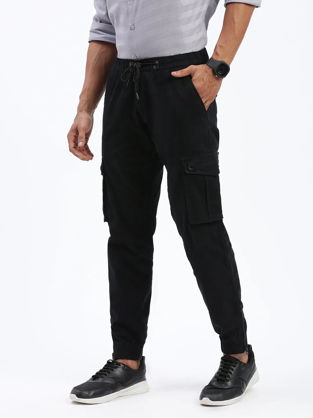 Stylish Waistband Men's Black Comfort Slim Fit Low-Rise Cotton Joggers Trousers