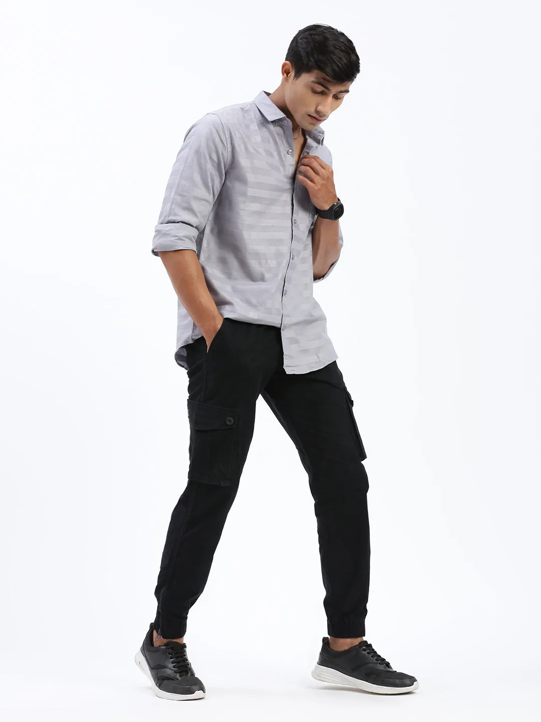 Men's Black Comfort Slim Fit Low-Rise Cotton Joggers Trousers Flexible Movement