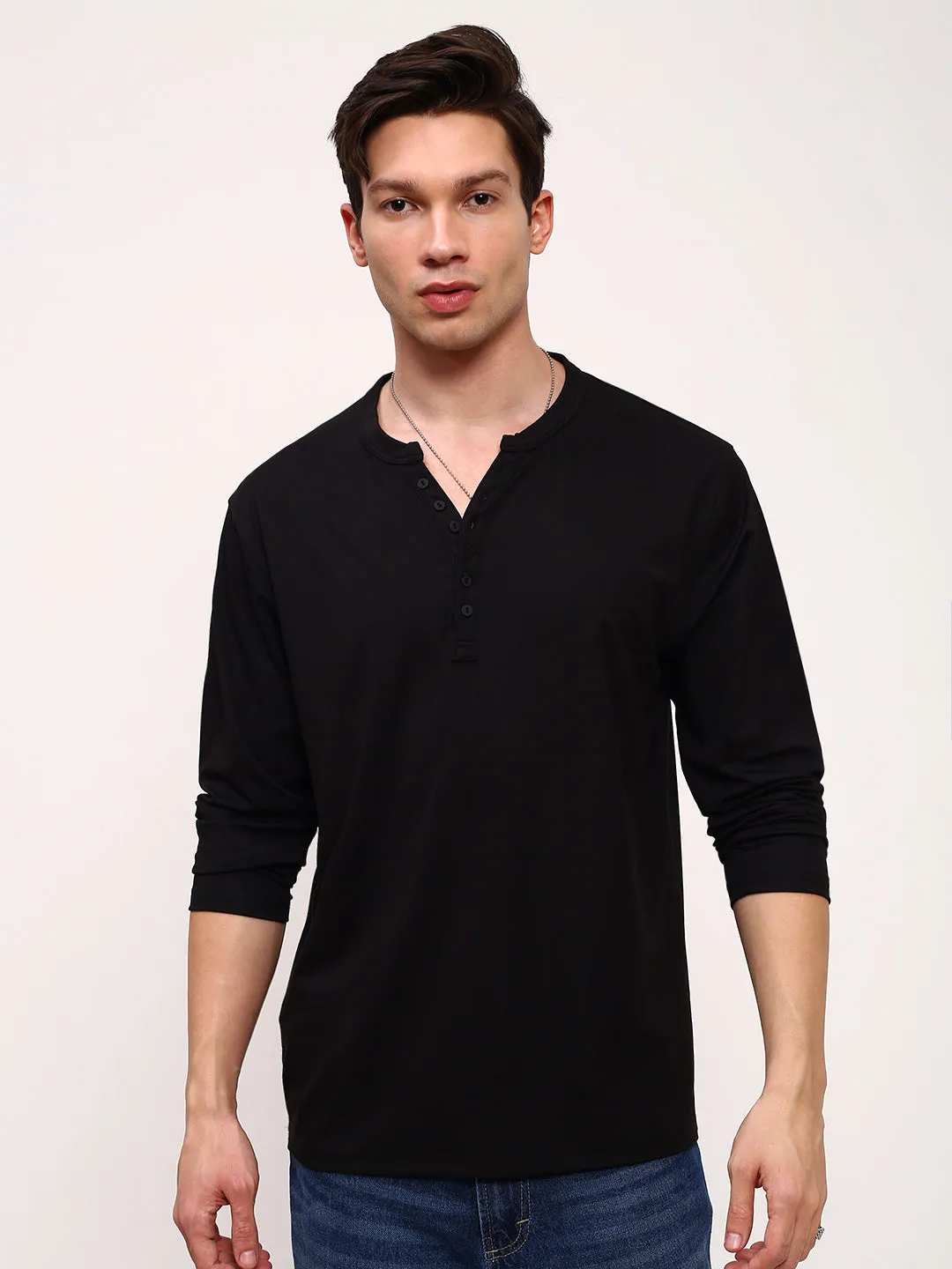 Men's Black Cotton Round Neck T-Shirt Trendy Layered