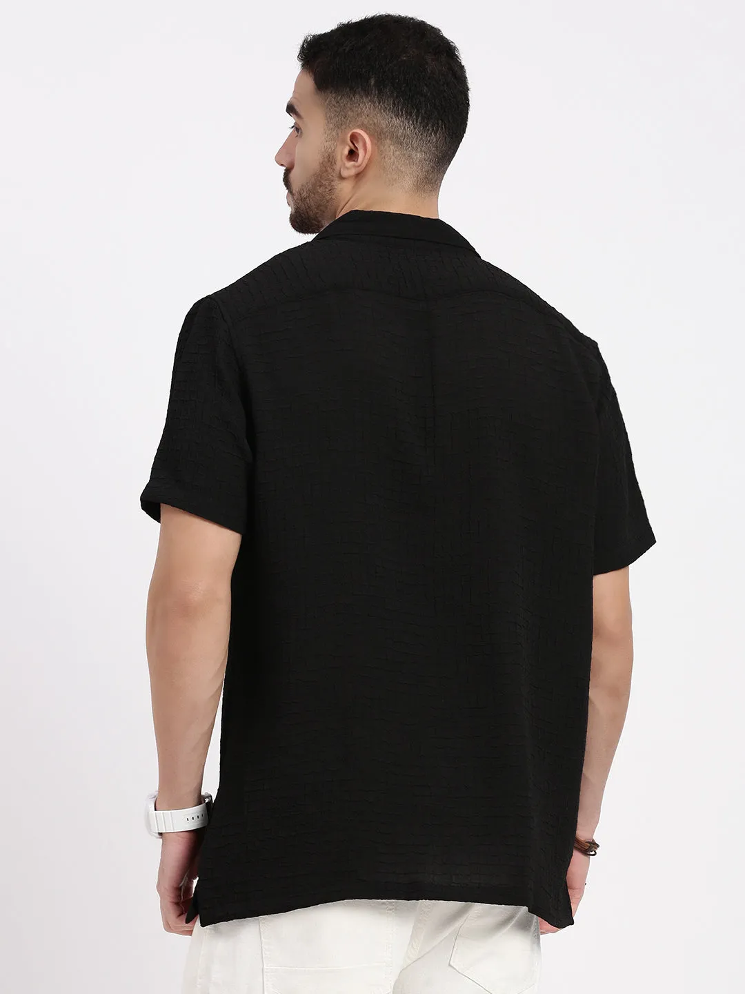 Trend Glow Comfort Wear Men's Black Cuban Collar Solid Casual Shirt