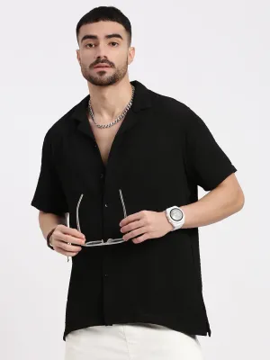 Men's Black Cuban Collar Solid Casual Shirt AntibacterialFinish Retro cool