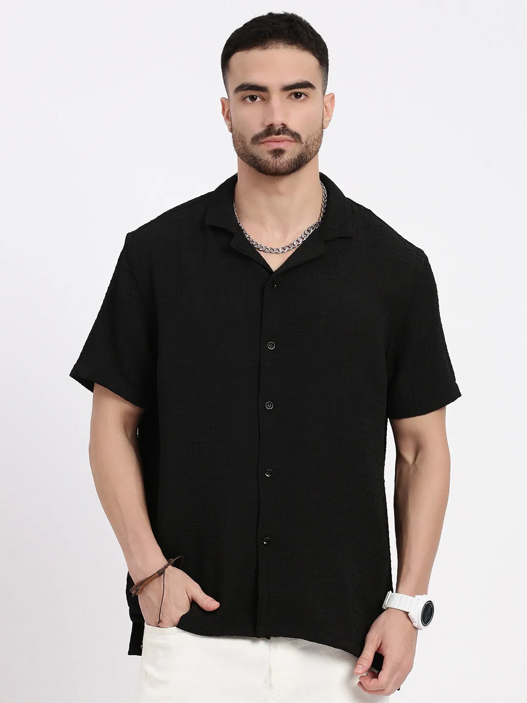 Organic Cotton Certification Men's Black Cuban Collar Solid Casual Shirt