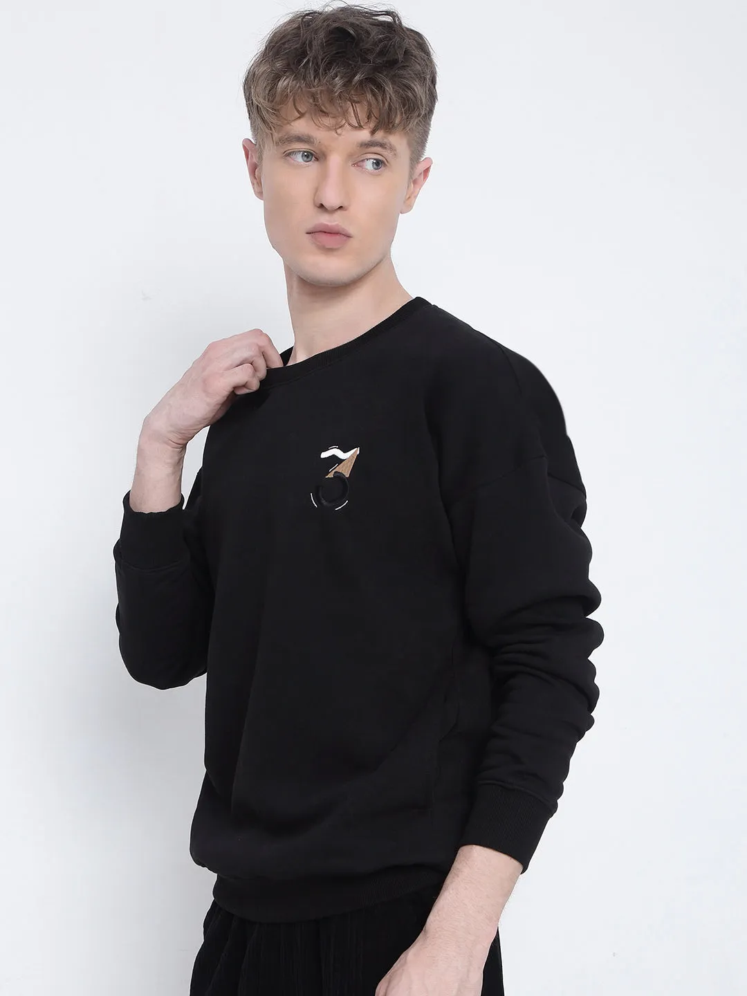 Soft and Warm Matte Finish Men's Black Embroidered Round Neck Sweatshirt