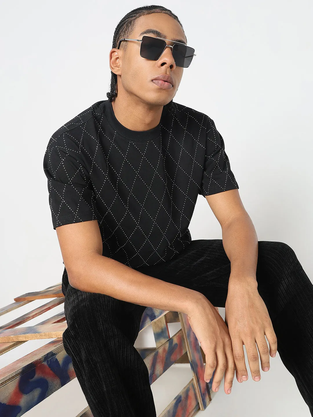 Men's Black Geometric Stone Embellished T-Shirt Colorfast Technology