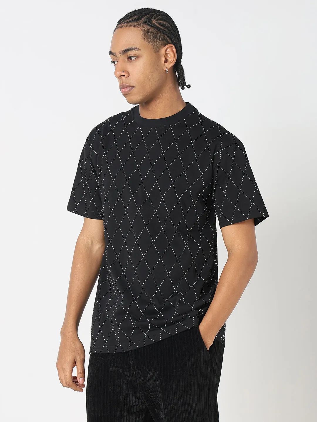 Men's Black Geometric Stone Embellished T-Shirt HighCollared Design Antibacterial Finish
