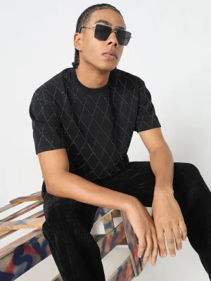 Men's Black Geometric Stone Embellished T-Shirt Colorfast Technology