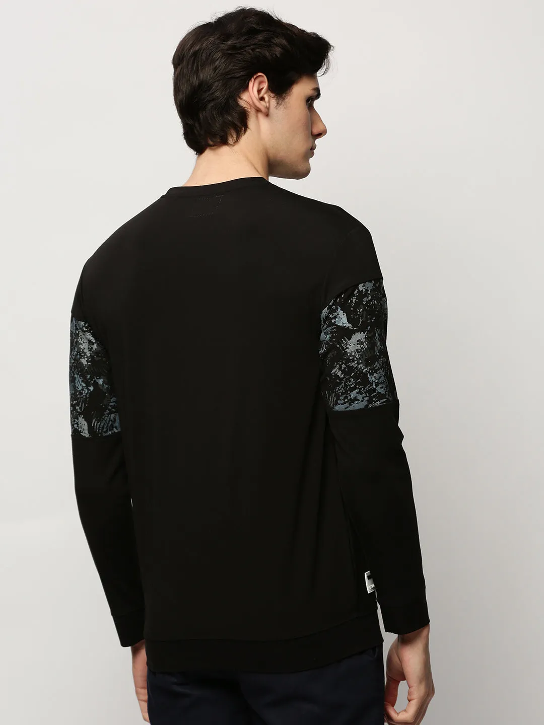 Men's Black Graphic Printed Cotton Sweatshirt Urban Sporty Contrast Stitching