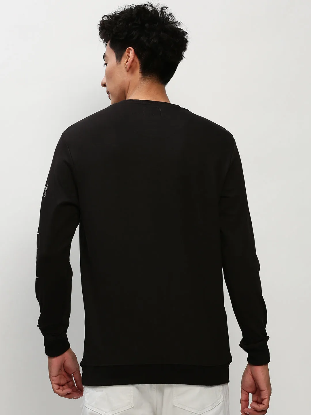 Men's Black Graphic Printed Long Sleeves Cotton Terry Pullover Sweatshirt Mesh Lining