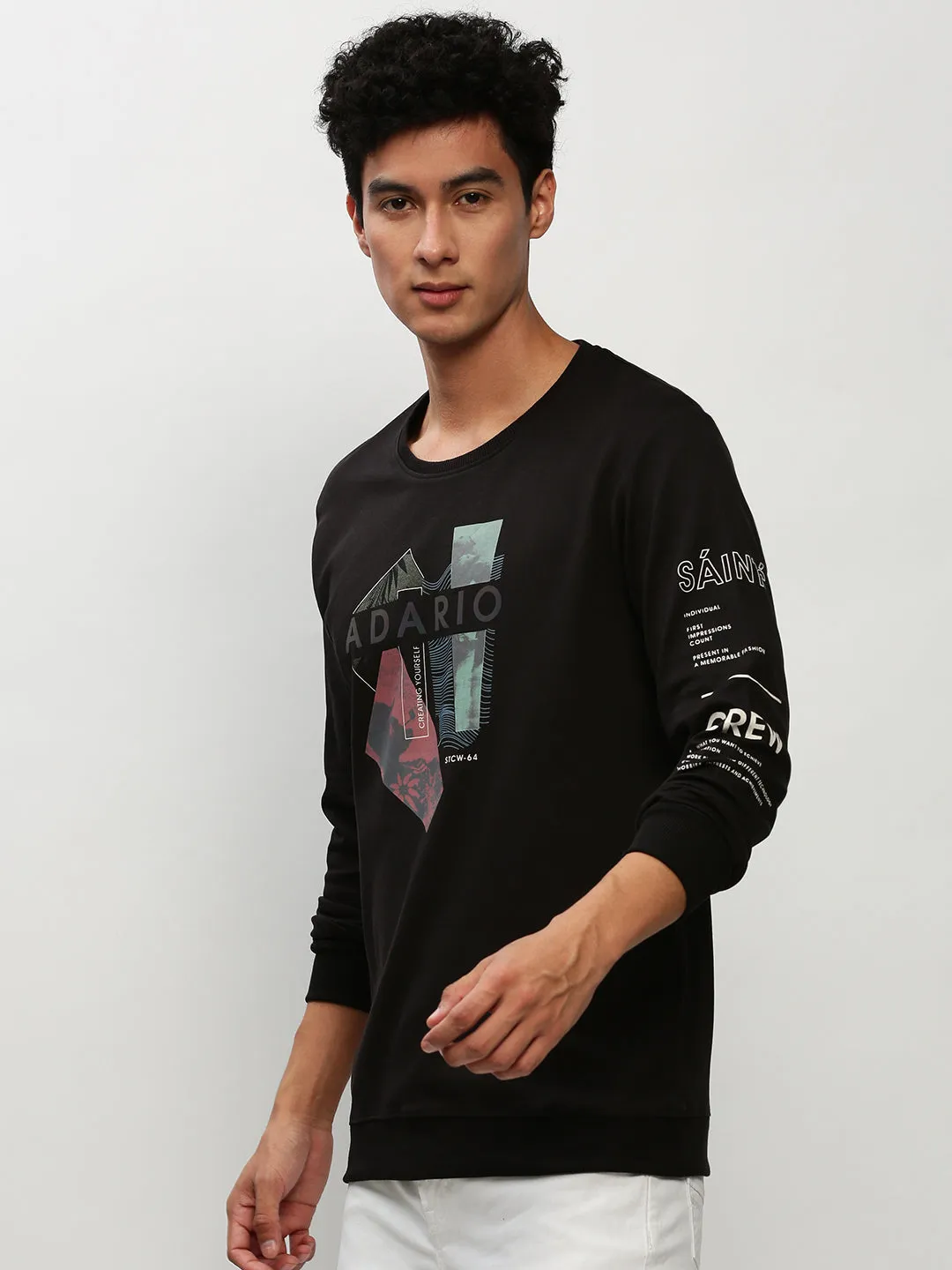 Men's Black Graphic Printed Long Sleeves Cotton Terry Pullover Sweatshirt product graduation elegance