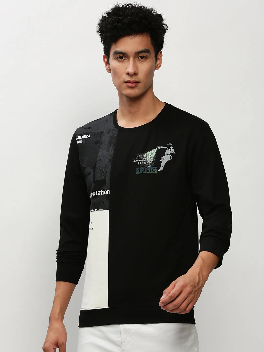Men's Black Graphic Printed Long Sleeves Cotton Terry Pullover Sweatshirt low end Chill Wear