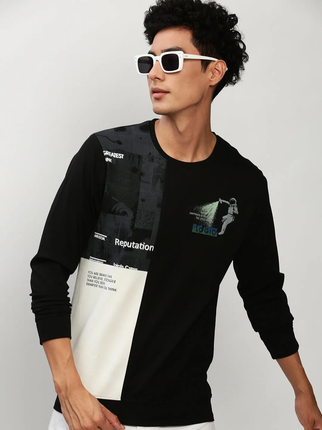 All-Day Wear loop accents Men's Black Graphic Printed Long Sleeves Cotton Terry Pullover Sweatshirt