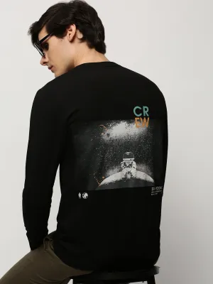Men's Black Graphic Printed Round Neck Pullover Cotton Sweatshirt packable ring accents
