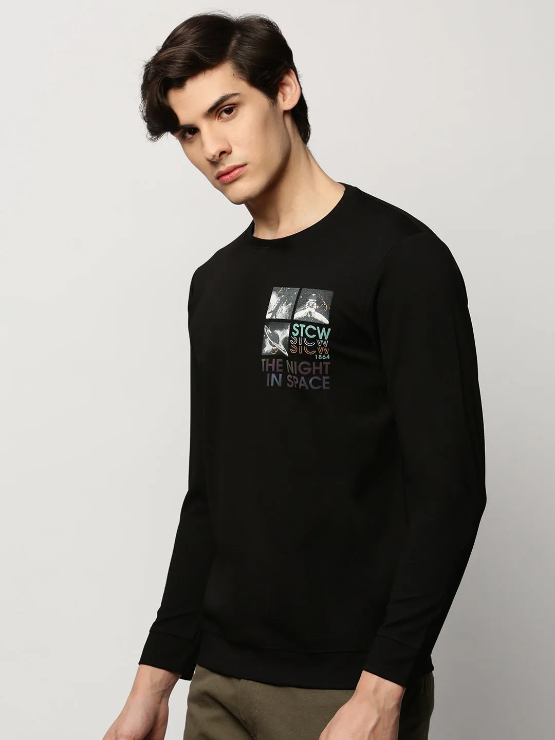 Men's Black Graphic Printed Round Neck Pullover Cotton Sweatshirt Bold Graphics