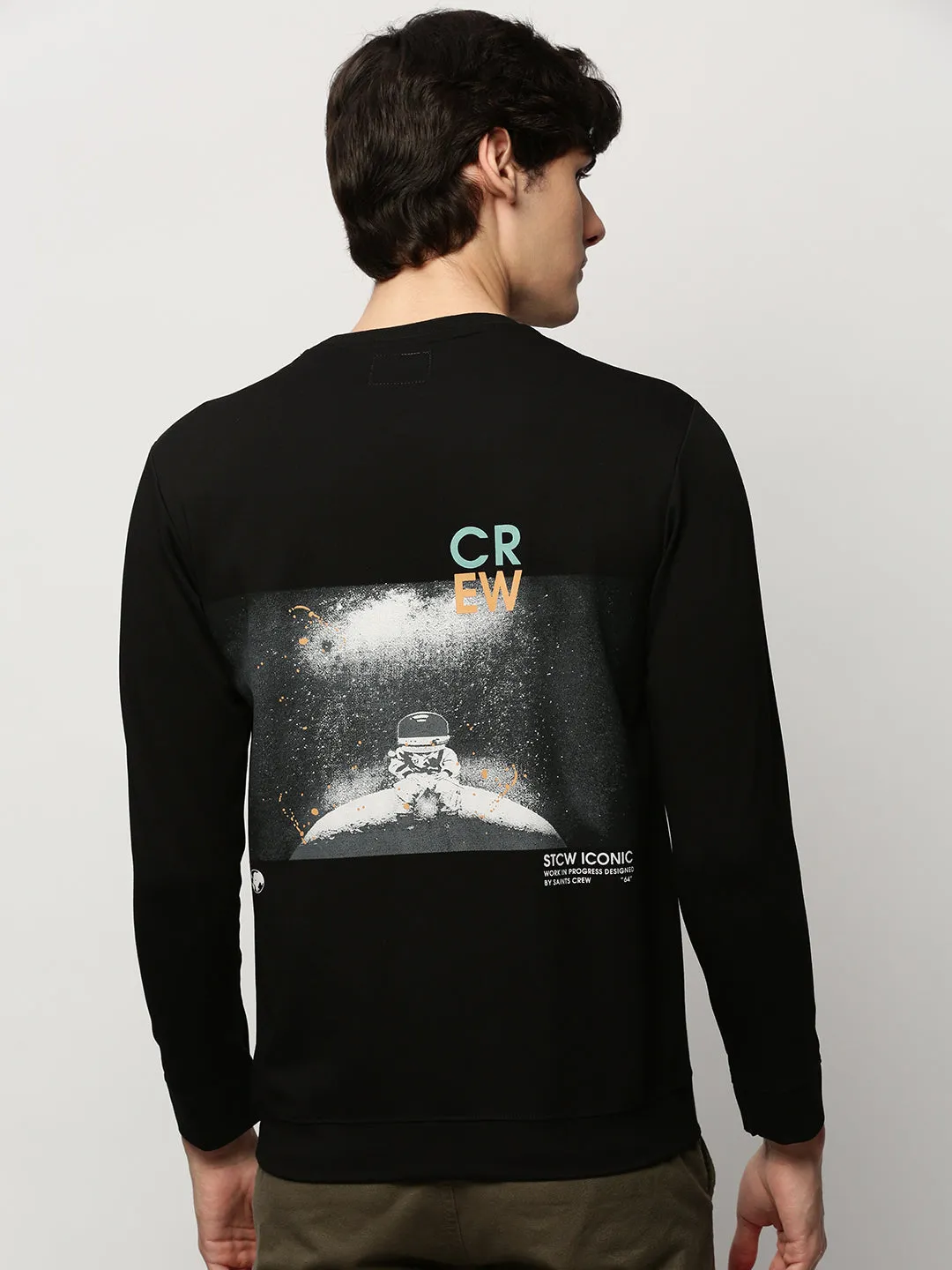 Lightweight Comfort product group cooperation Men's Black Graphic Printed Round Neck Pullover Cotton Sweatshirt