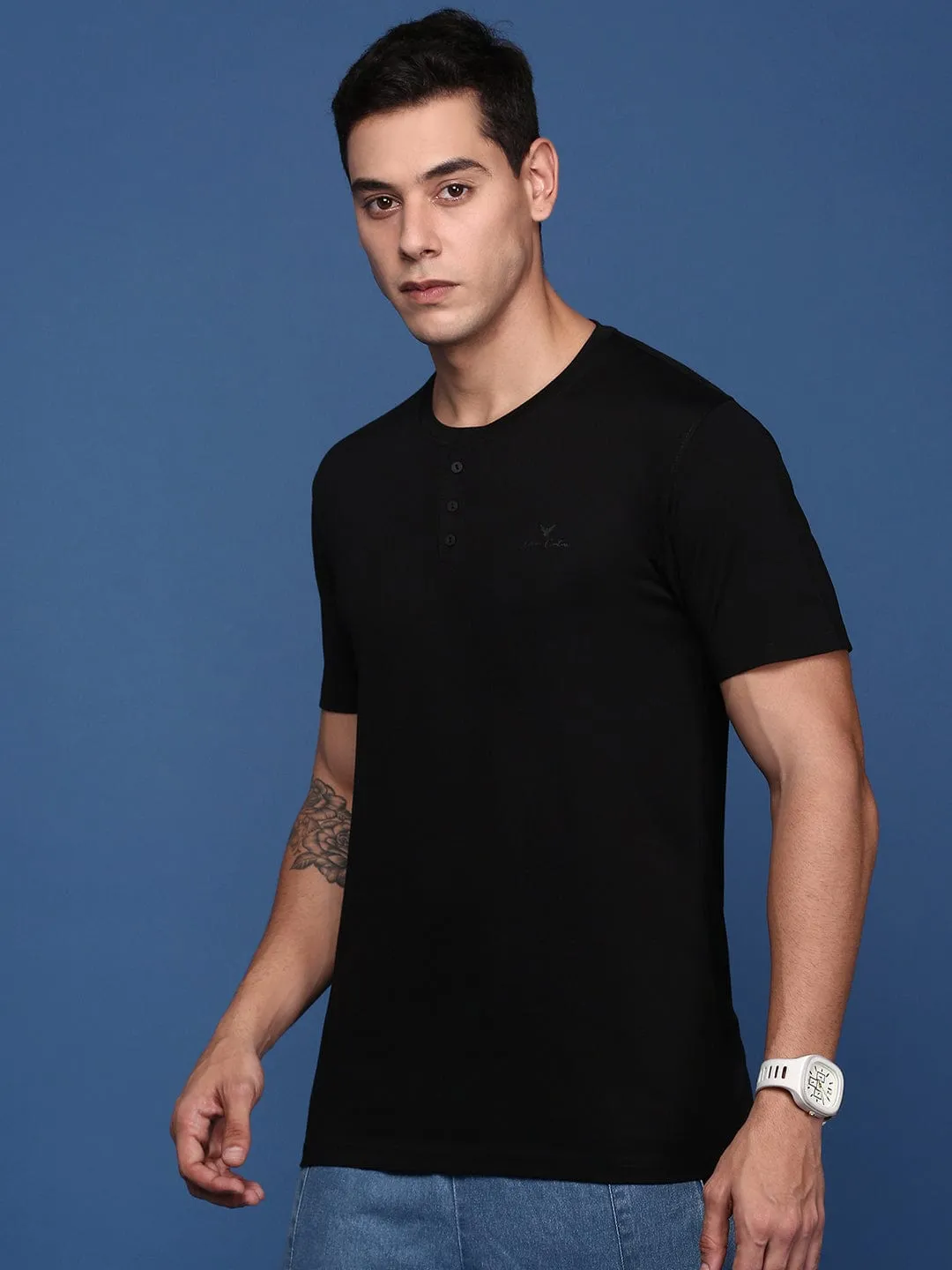 Soft Layers Men's Black Henley Neck Cotton Slim Fit T-Shirt