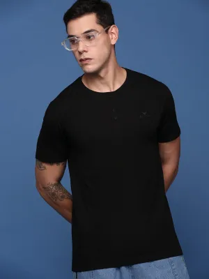 Men's Black Henley Neck Cotton Slim Fit T-Shirt Trendy