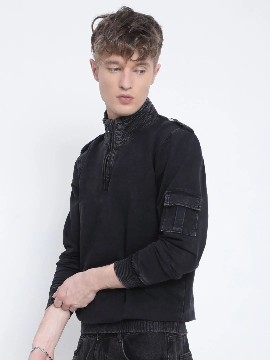 Men's Black High Neck Zippered Sweatshirt Essential Outerwear Sports Wear