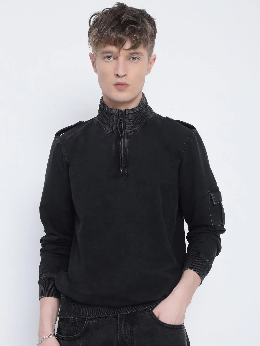 Men's Black High Neck Zippered Sweatshirt Urban Comfort