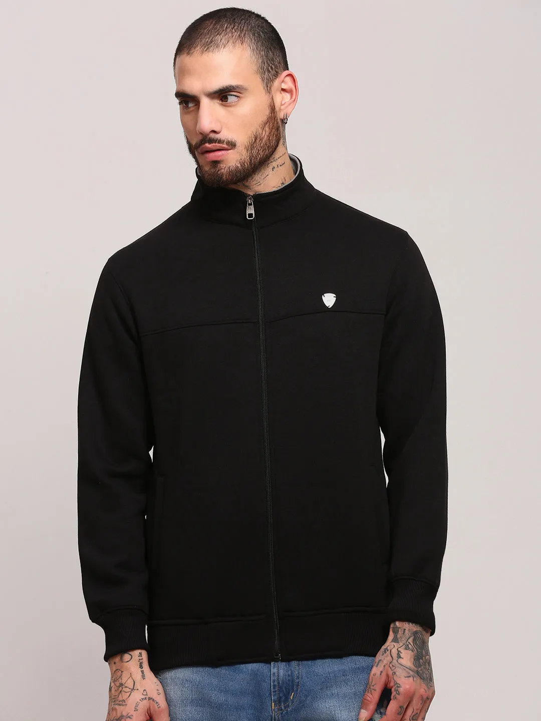 Versatile Top product eyewear protection Men's Black Mock Collar Solid Sweatshirt