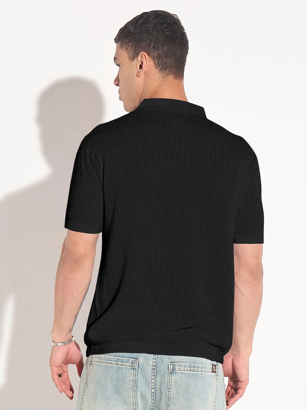 Men's Black Polo Collar Regular Fit T-Shirt Smart Design Soft Sweater