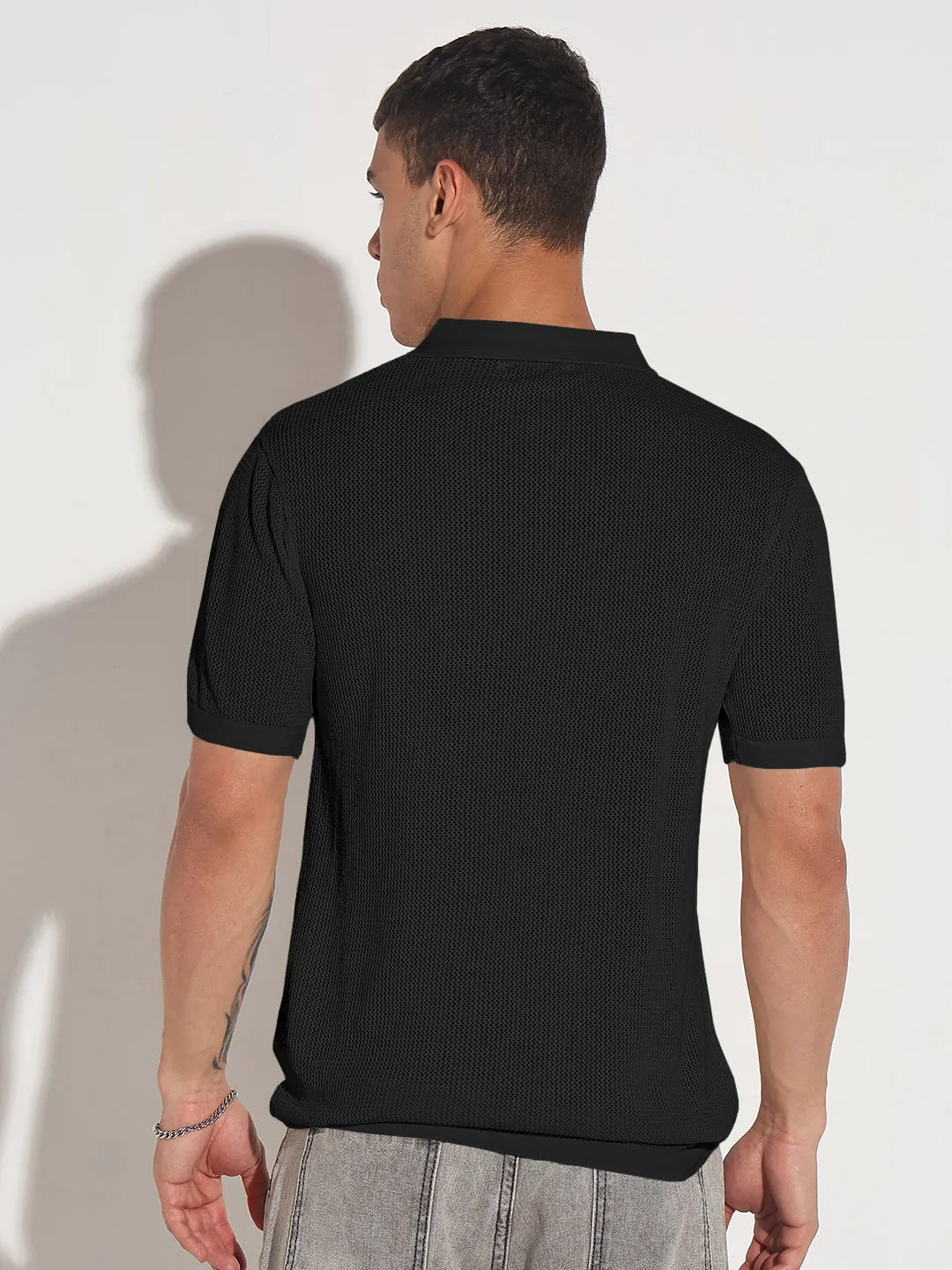 4Way Stretch Men's Black Polo Collar T-Shirt
