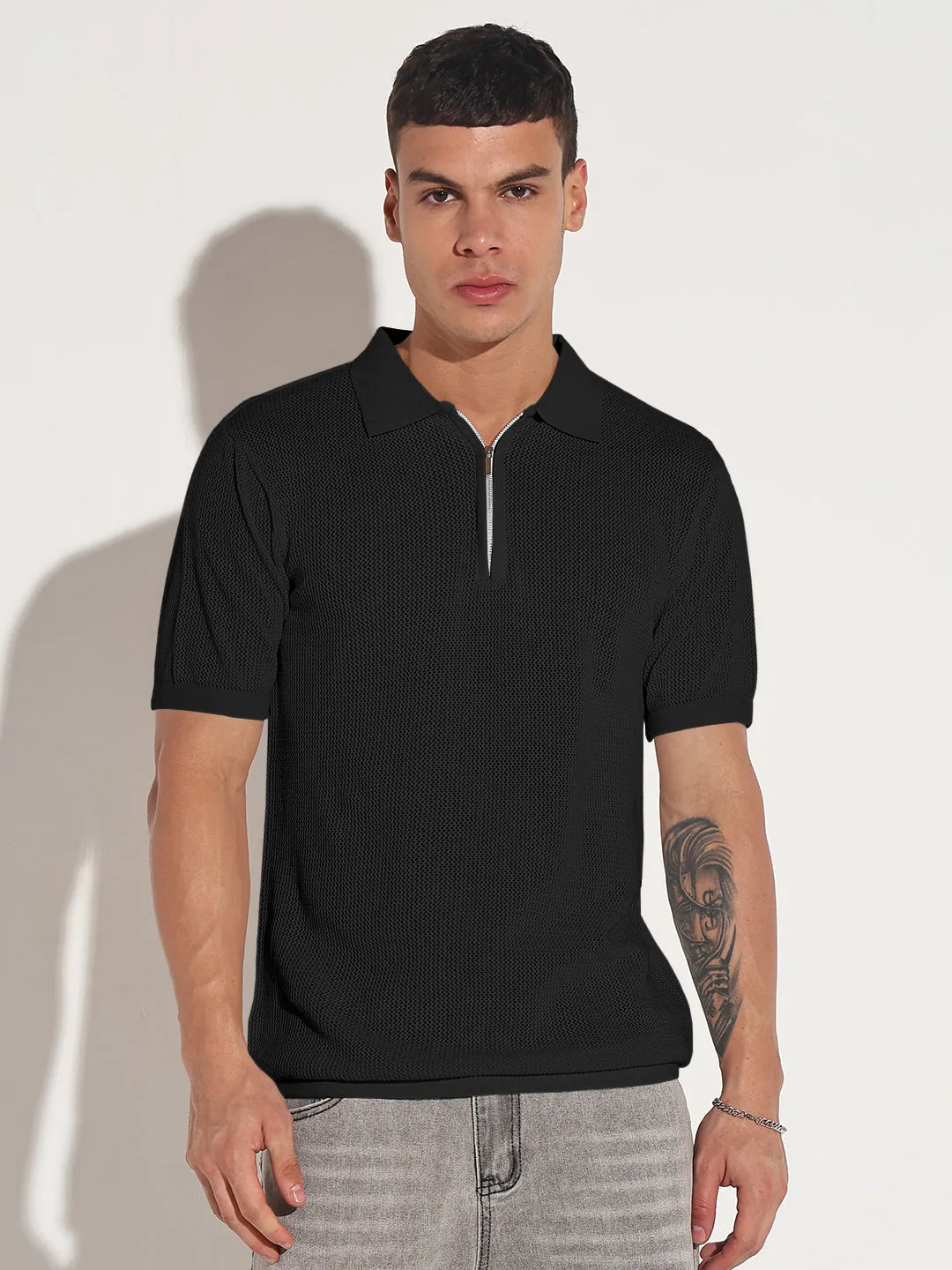 Men's Black Polo Collar T-Shirt Trendy Trousers MoistureWickingMaterial