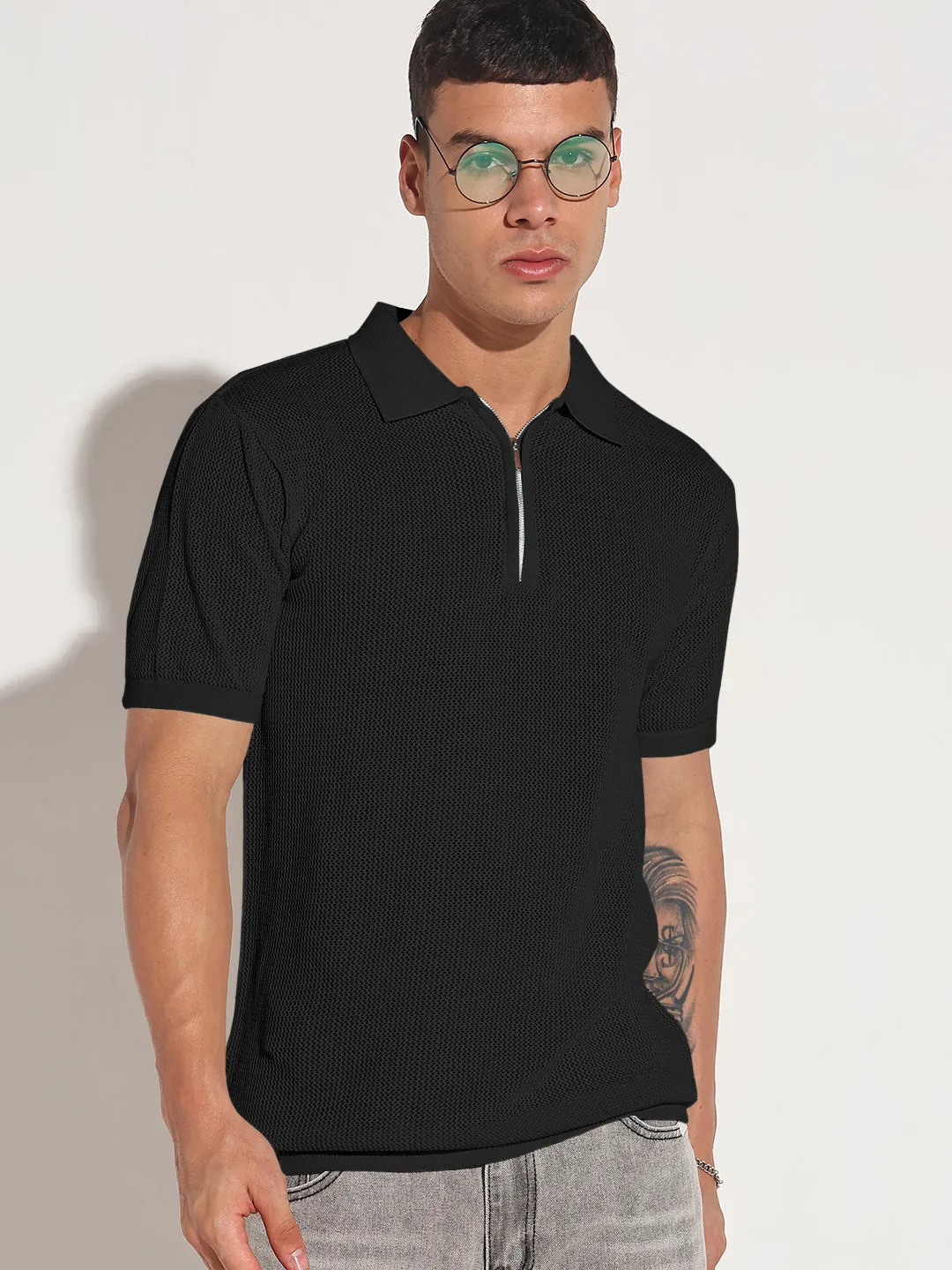 Men's Black Polo Collar T-Shirt Lounge Gear