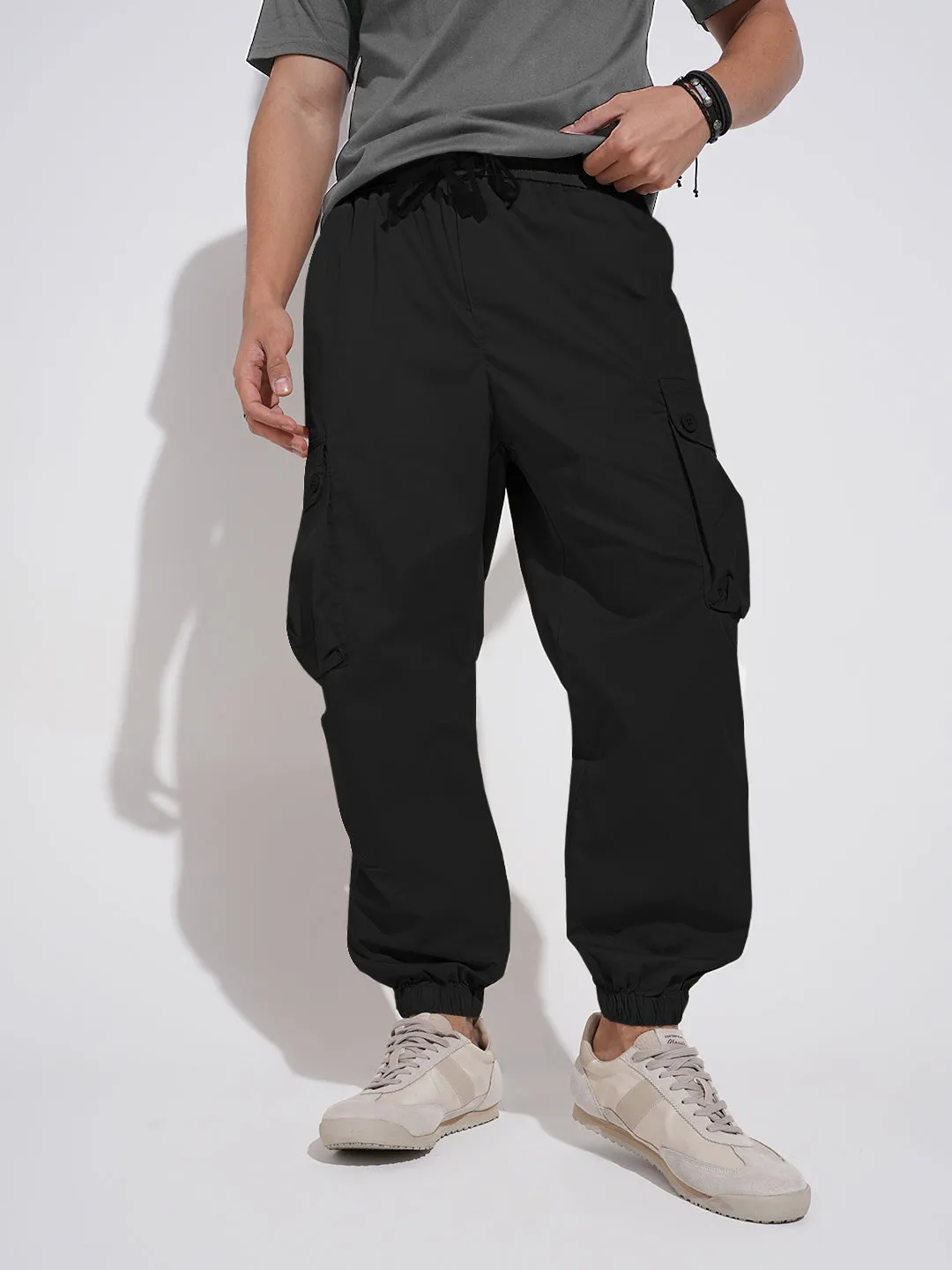 Premium Quality Men's Black Relaxed Fit Cargo Joggers with Elasticated Waist and Drawstring