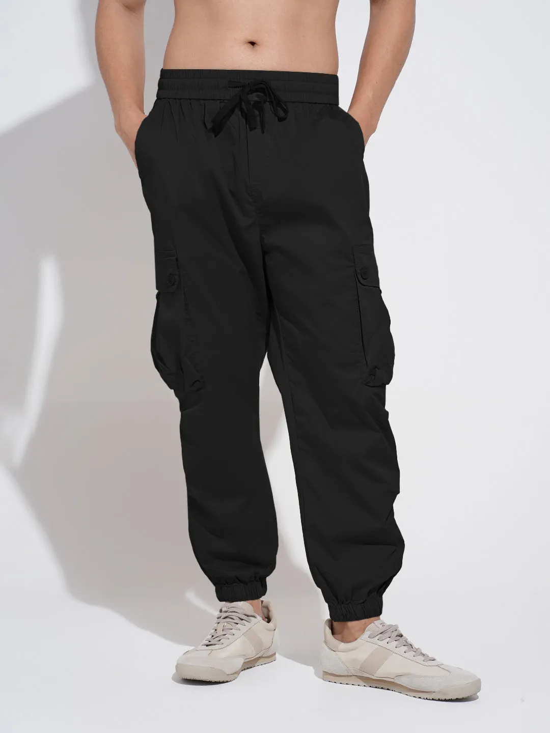 Men's Black Relaxed Fit Cargo Joggers with Elasticated Waist and Drawstring Performance Layer AllDayCompression