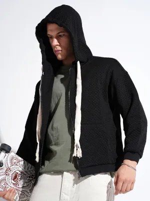Men's Black Ribbed Regular Fit Hoodie with Zip product tassel movement