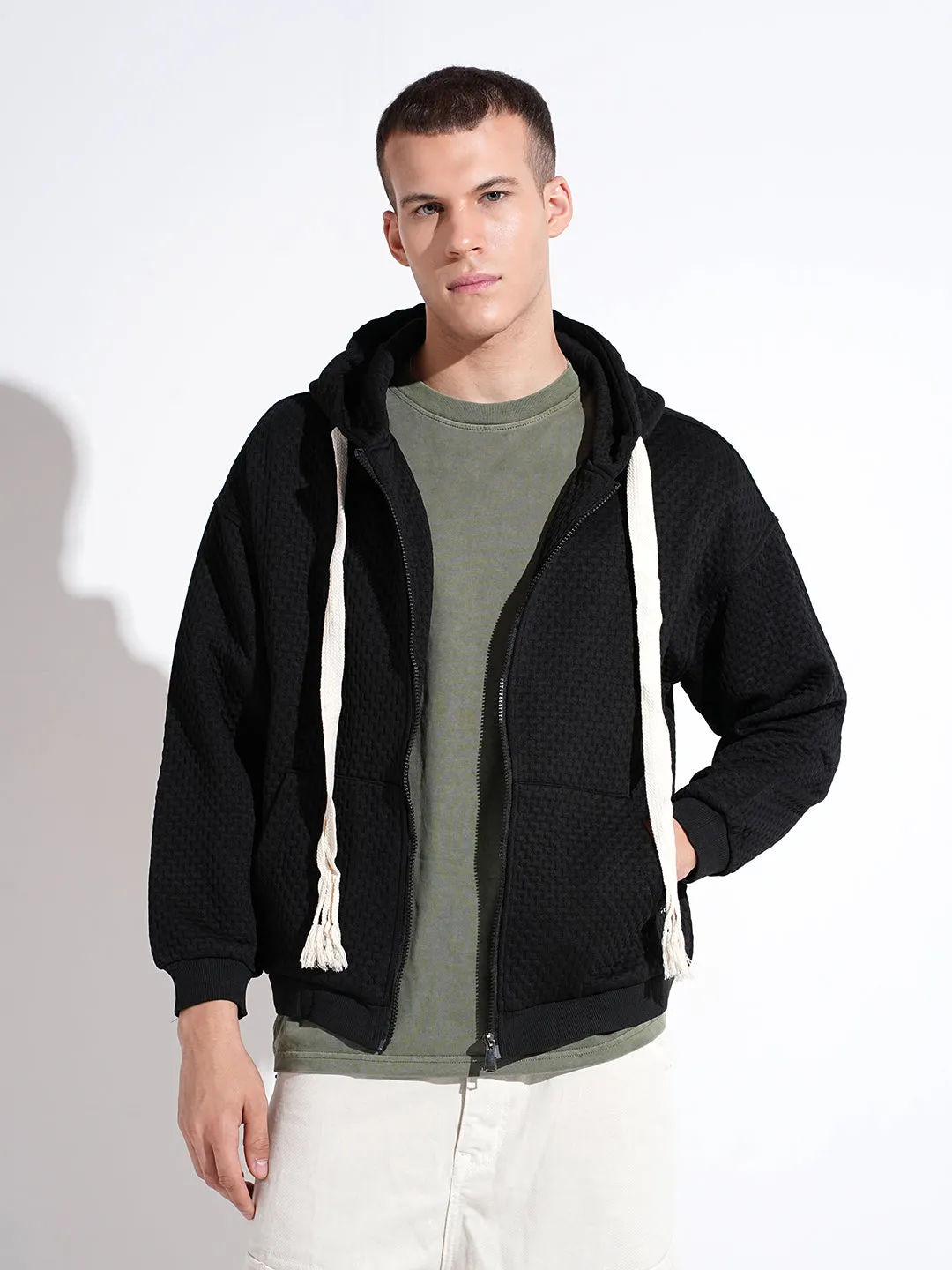 Men's Black Ribbed Regular Fit Hoodie with Zip Cozy And Warm product lace femininity