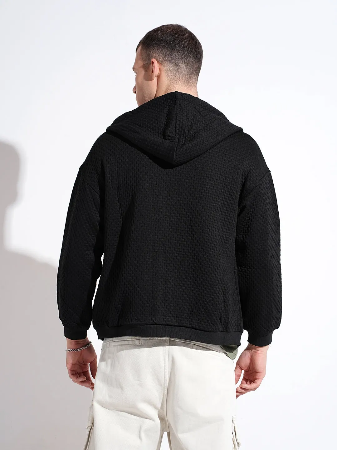 Men's Black Ribbed Regular Fit Hoodie with Zip Minimalist Style Cozy Texture