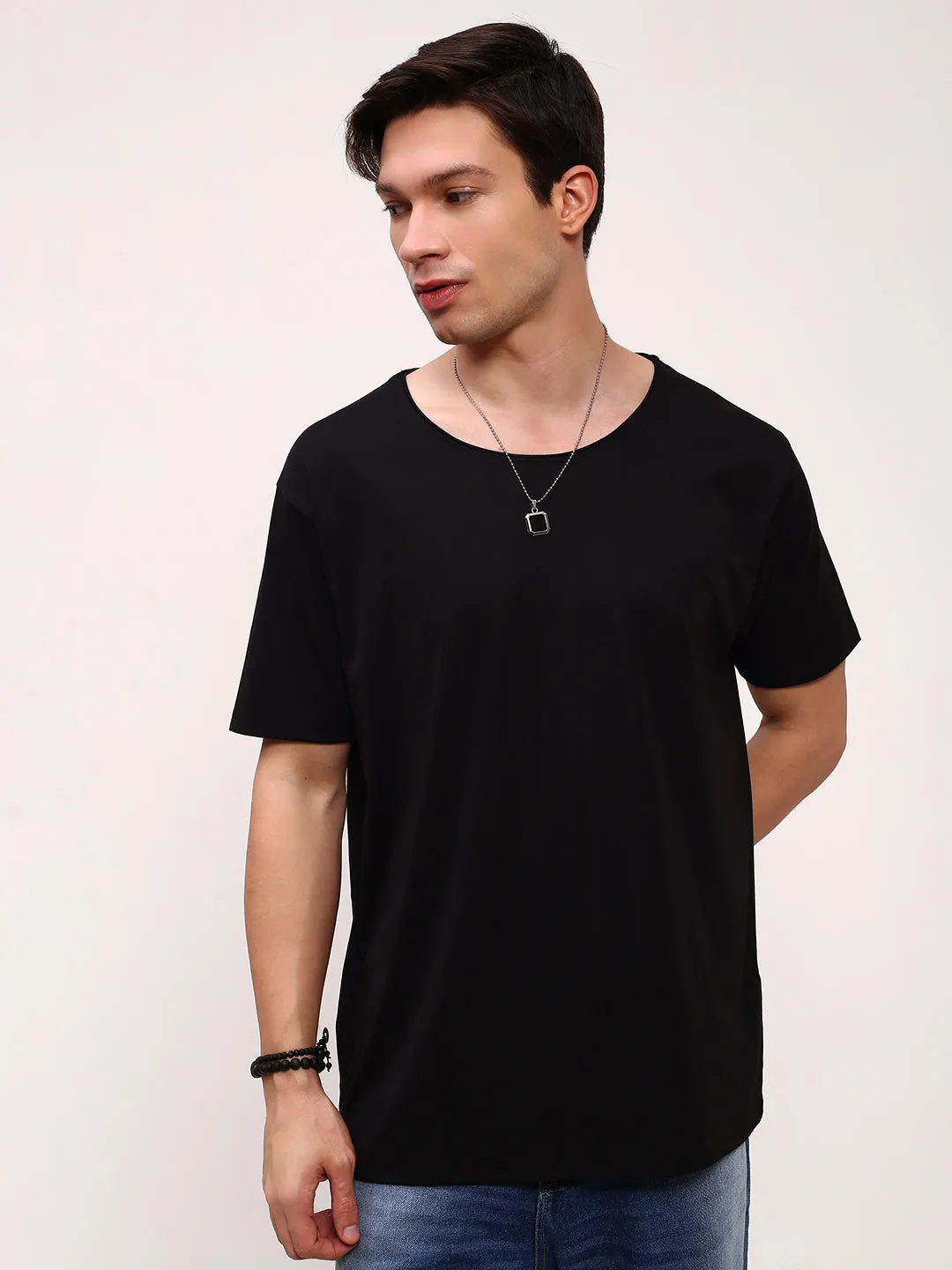 Men's Black Round Neck Cotton T-Shirt Essential Fit Blend