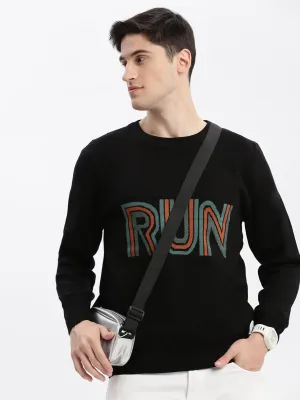 All Fit Look Natural Texture Men's Black Round Neck Long Sleeves Typography Pullover Sweaters