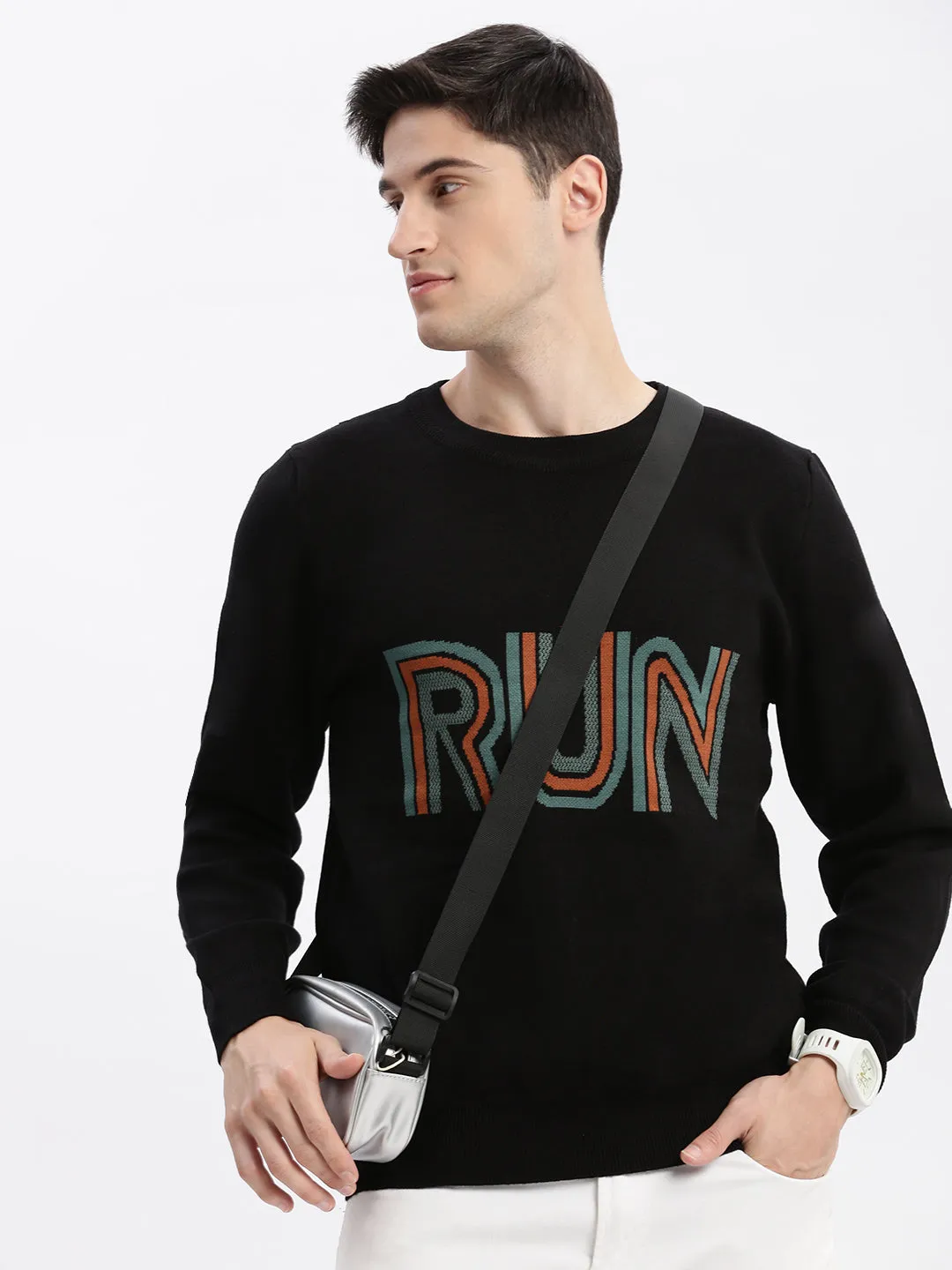 All Fit Look Natural Texture Men's Black Round Neck Long Sleeves Typography Pullover Sweaters