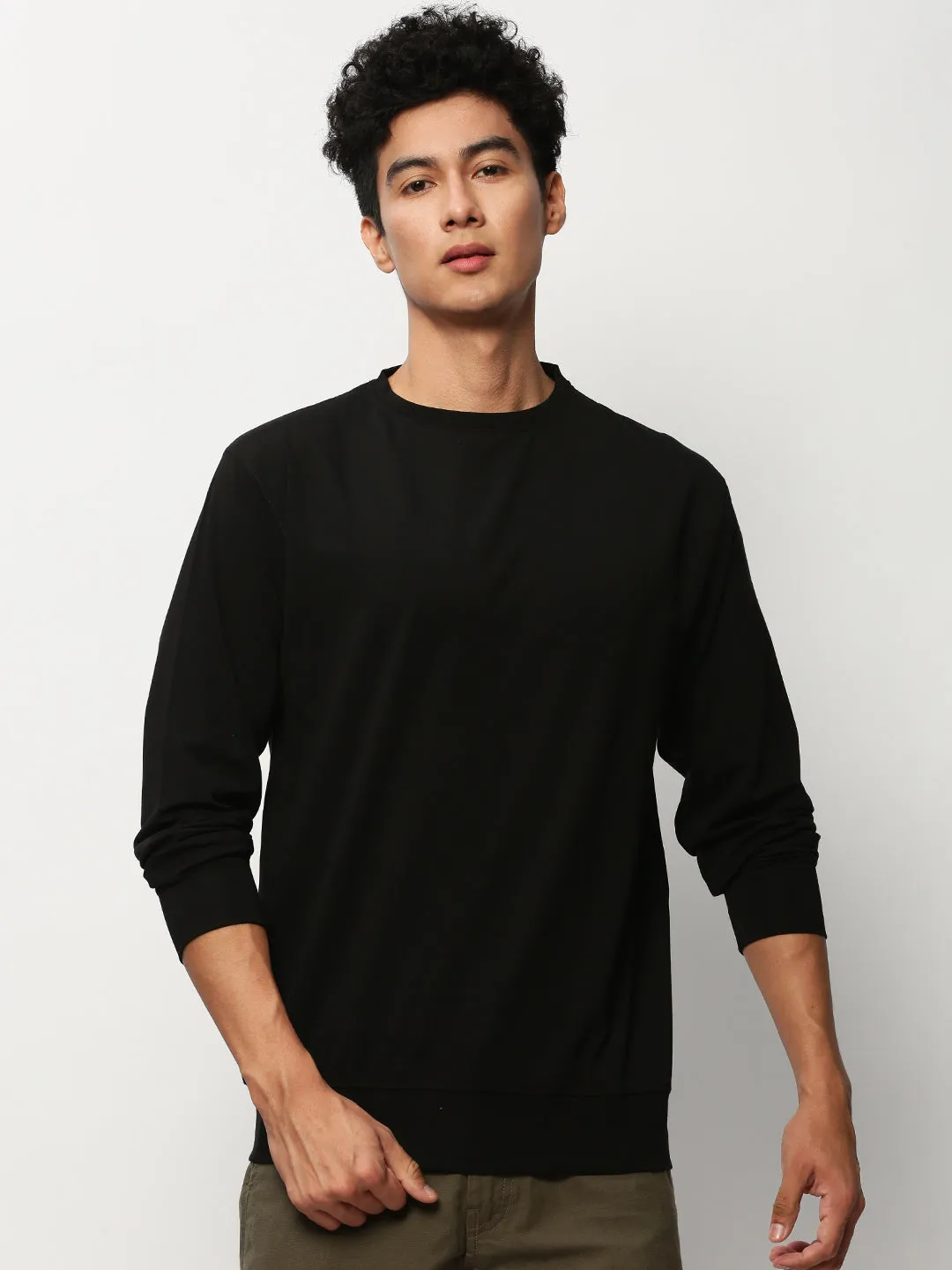 product casual elegance blend Chill Vibes Men's Black Round Neck Pullover Cotton Sweatshirt