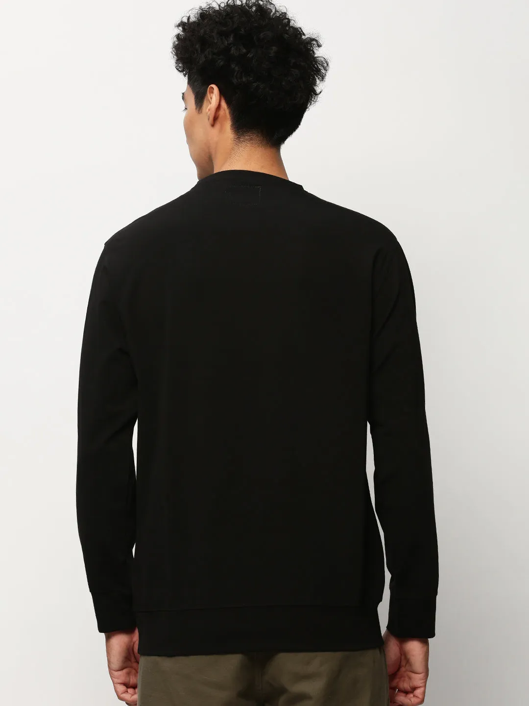 Men's Black Round Neck Pullover Cotton Sweatshirt appropriate for weekdays