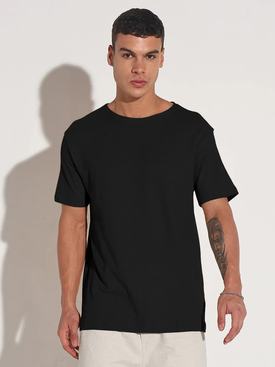 Men's Black Round Neck Regular Fit T-Shirt NonIrritating Soft Inner Lining